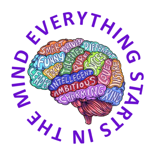 Colorful brain illustration with circular 'Everything starts in the mind' lettering